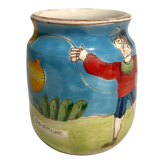 MCM Italian DeSimone for Vietri Hand Painted Boy With Kite Vase Cachepot For Sale