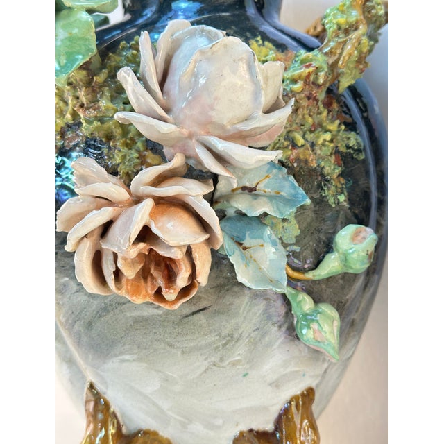 Black Pair of French Majolica Barbotine Vases – 19th Century Impressionist Edouard Gilles Gros Relief For Sale - Image 8 of 11
