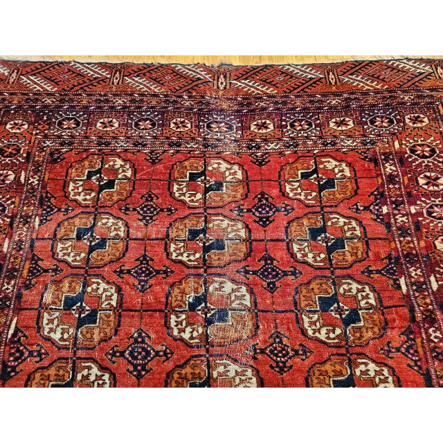 Vintage Turkmen Tekke Area Rug in Allover Geometric Pattern in Brick-Red, Navy, Ivory, Brown For Sale - Image 9 of 16