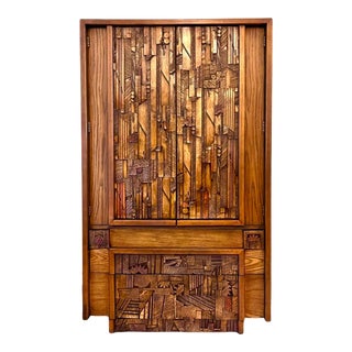 1970s Lane “Pueblo” Mid Century Modern Brutalist Armoire For Sale