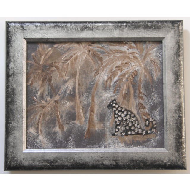 An burnt umber leopard in an abstract tropical landscape and border in shades of beige, and antique white. Safari, English...