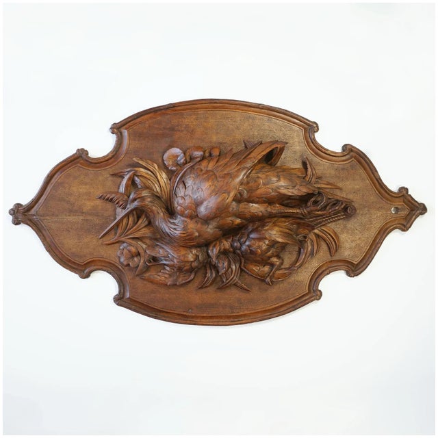 Large antique 19th century Swiss Black Forest hand carved wood hunting trophy wall plaque, wonderful "Fruits of the Hunt"...