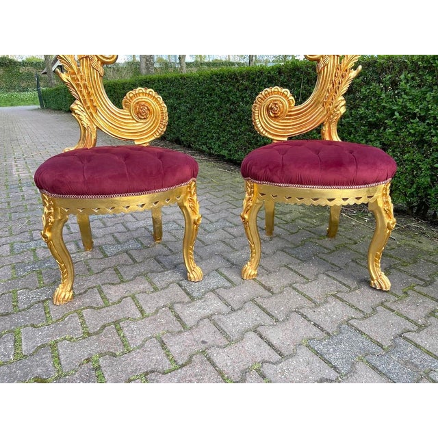 1980s Italian Rococo Gold Beech Velvet Side Chairs 2pc- Pair For Sale - Image 11 of 18