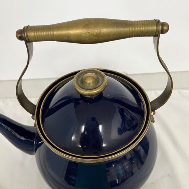 English Colbalt Blue Enamel and Brass Tea Pot For Sale - Image 3 of 7