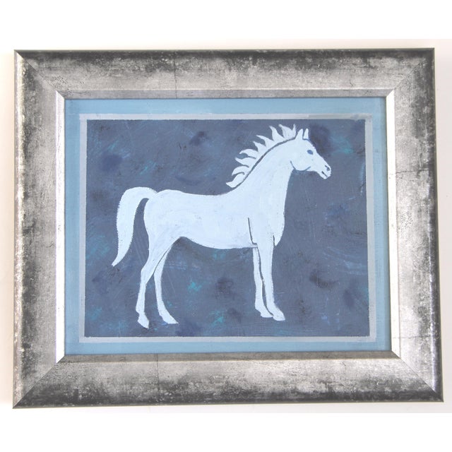 An elegant horse silhouette in shades of dark blue, pale blue, gray blue and gray border. Minimalism, Contemporary, Folk...
