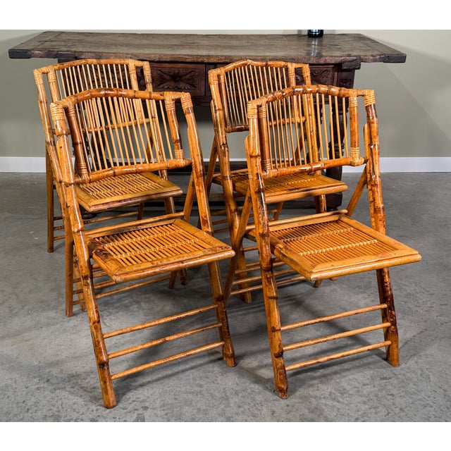 Vintage Mid Century Coastal Bamboo Rattan Folding Chairs - Set of 4 For Sale In Providence - Image 6 of 11