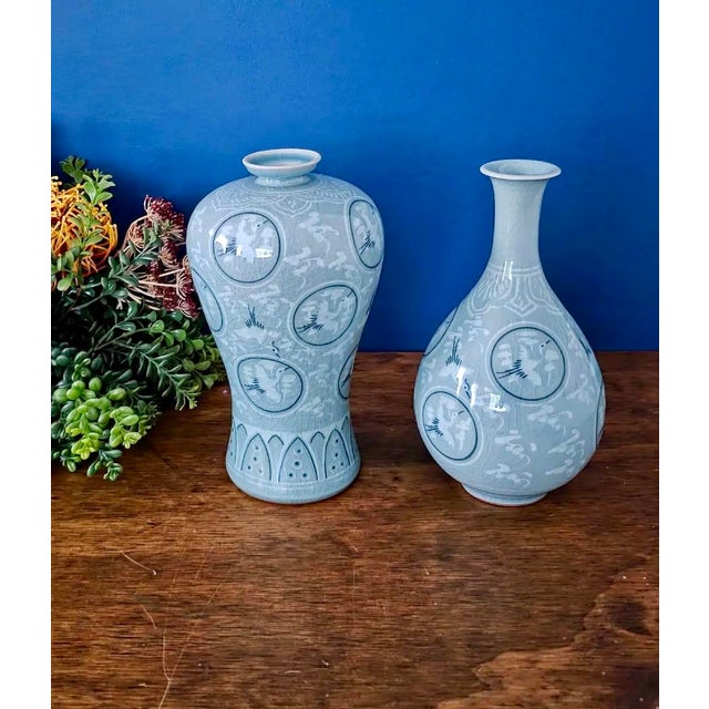 1970’s Thousand Crane Celadon Vases Set of 2 For Sale In New York - Image 6 of 18