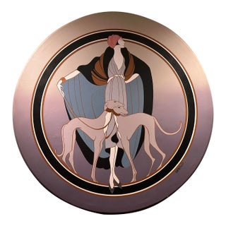Large Vintage Art Deco Revival Acrylic Painting of a Flapper With Greyhounds, 48 Inch Diameter For Sale