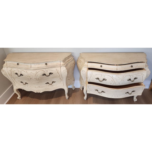 Late 20th Century Grand French Provincial Cream Bombé Commodes, Pair For Sale - Image 9 of 16