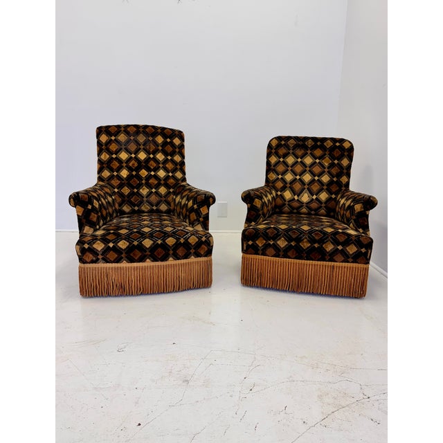 Pair of French Art Deco His & Hers Armchairs in Geometric Velvet, Circa 1930s For Sale In Atlanta - Image 6 of 17