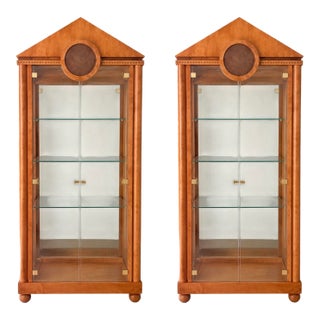 Hickory White Neo-Classical Biedermeier Style Walnut Vitrines Cabinets - Pair For Sale
