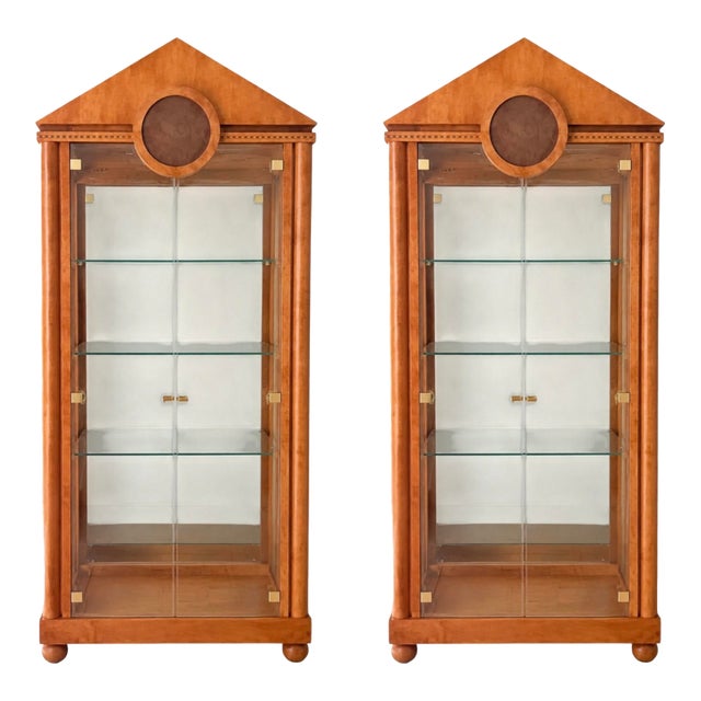 Hickory White Neo-Classical Biedermeier Style Walnut Vitrines Cabinets - Pair For Sale