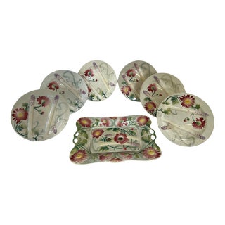 Art Nouveau Barbotine Plates with Asparagus Dish from Saint Clément, Set of 7 For Sale