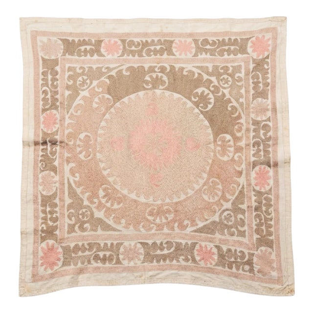 Suzani Wall Hanging Decor - Neutral Tan Uzbek Tablecloth, 4' X 4'4'' For Sale
