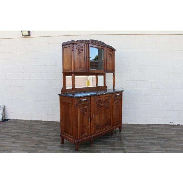 Antique French Art Deco Buffet Hutch With Marble Top, Mirror & Glass Display Cabinet | C. 1920 For Sale - Image 11 of 18