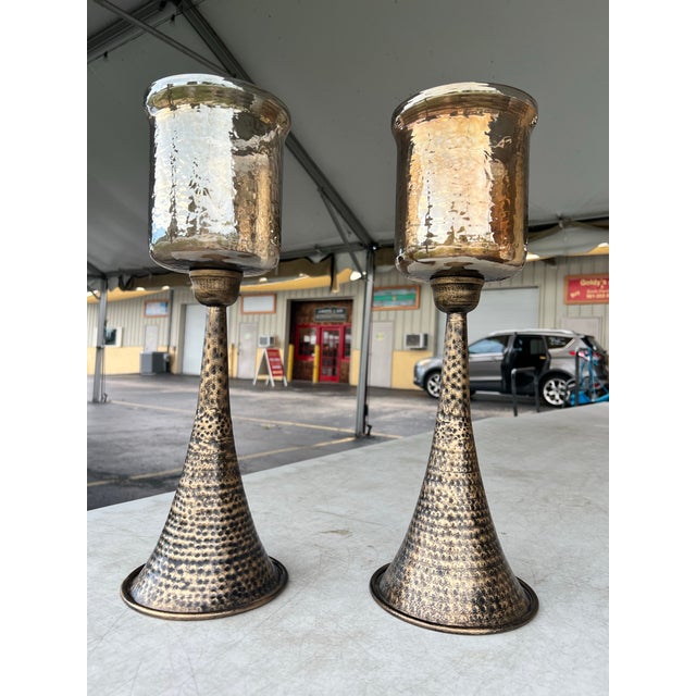 Contemporary Contemporary Hammered Tin & Glass Hurricane Candleholders - Set of 2 For Sale - Image 3 of 5