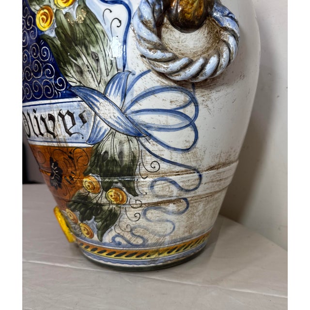 Monumental Antique Hand Painted Italian Majolica Terracotta Pottery Olive Vase For Sale - Image 9 of 15