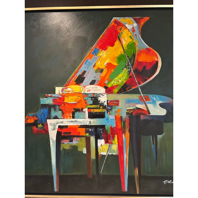 Painted by P. Roberts, the piano’s grand musical energy pulses off the canvas. The subjects background color choice of...