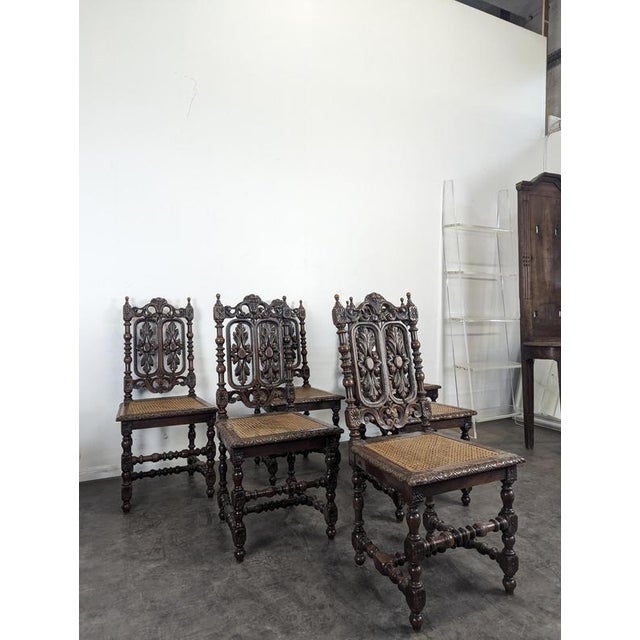 Contemporary Henri II Chairs in Openwork Carved Oak with Caned Seats, Set of 6 For Sale - Image 3 of 11