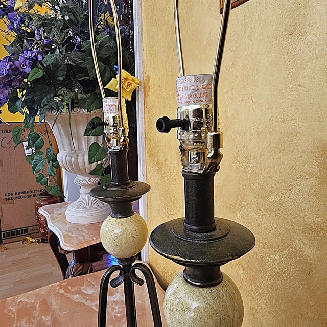 Pair of Uttermost Wrought Iron & Ceramic Sphere Table Lamps For Sale - Image 12 of 18