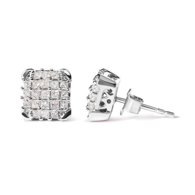 Contemporary 10K White Gold 3/4 Cttw Princess Diamond Composite Open Frame Stud Earrings (I-J Color, I1-I2 Clarity) For Sale - Image 3 of 5