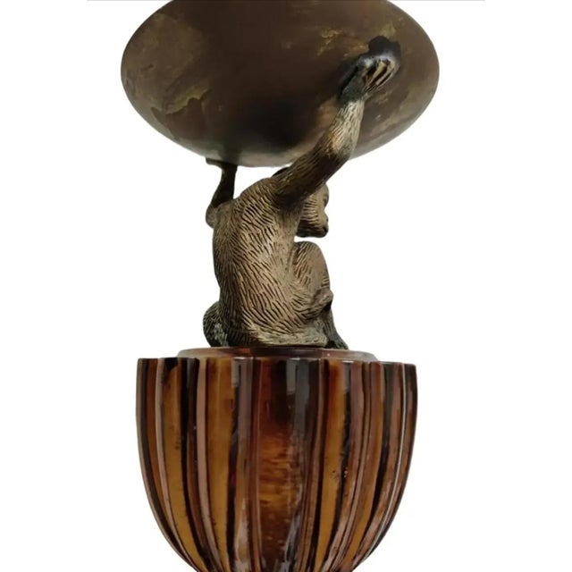 Vintage Ornate Tall Fluted Scalloped Brass Candle Torchières With Monkey - A Pair For Sale - Image 4 of 8