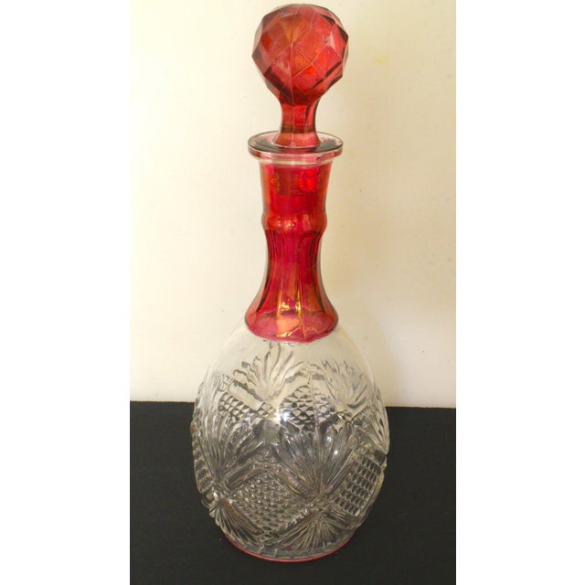 Vintage 1960s Bohemian Cranberry Crystal Decanter & Murano Gold Flake Ruby Glass Bowl Set – Barware Vignette For Sale - Image 4 of 17