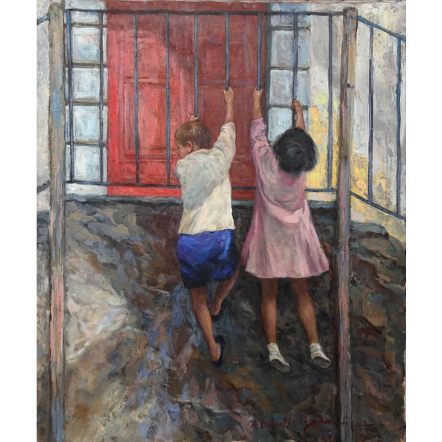 Marshall Goodman Children Playing, Oil Painting by Marshall Goodman circa 1960 For Sale