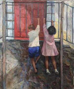 Marshall Goodman Children Playing, Oil Painting by Marshall Goodman circa 1960