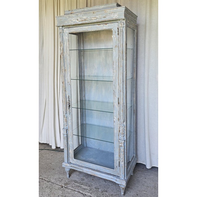1930s Vitrine Cabinet, French Bluish Display Cabinet/ Case, Cracked / Peeling Finish For Sale - Image 14 of 18
