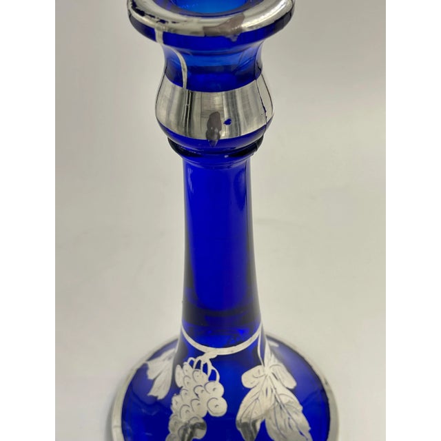 Blue Silver Overlay Colbalt Blue Grape and Leaf Candlestick Candle Holders - A Pair For Sale - Image 8 of 10