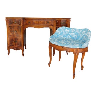 Quality Vintage Satinwood French Louis XV Style Vanity With Matching Bench For Sale