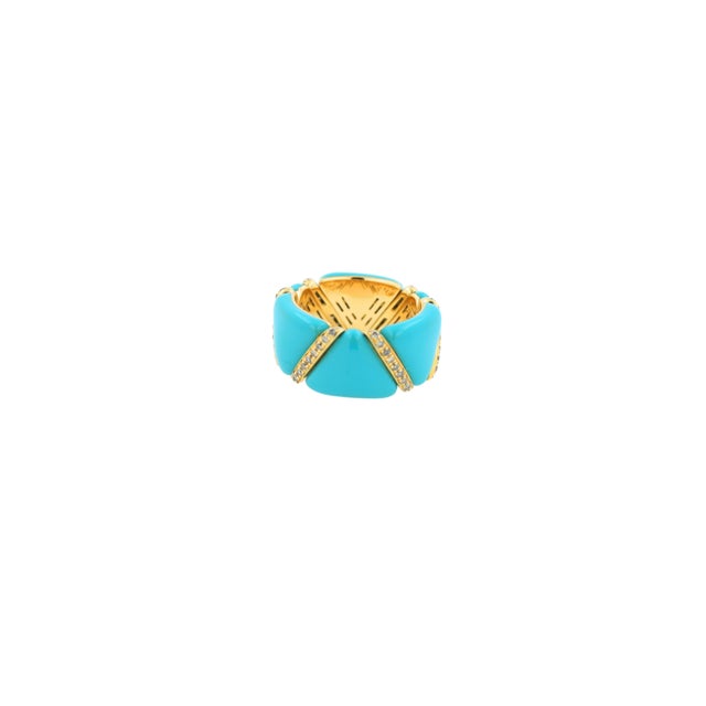 Art Deco Diamond Turquoise Light Blue Enamel Eternity Band Unique Stretch 18k Gold Ring, Size 6 For Sale - Image 3 of 18