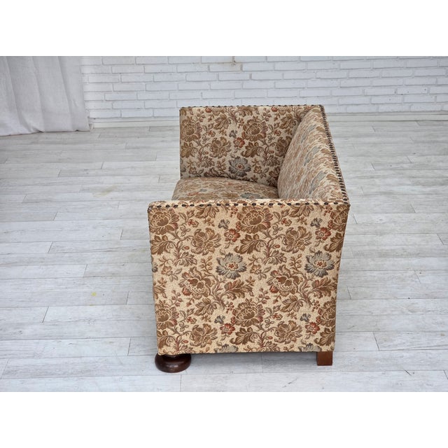 Wood Danish Oak 2-Seater Sofa in Beige & Brown Furniture Fabric, 1950s For Sale - Image 7 of 17