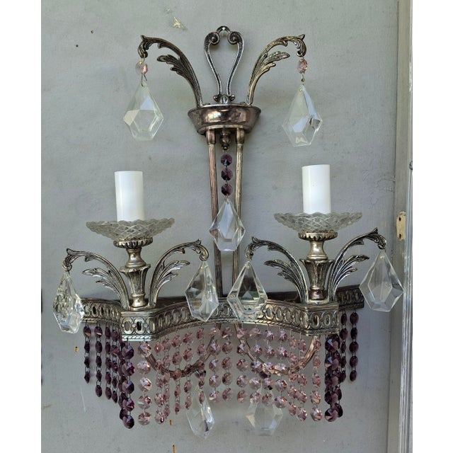 Hollywood Regency 1940's Hollywood Regency Silvered Metal With Amethyst & Pink Cut Austrian Crystal Waterfall Wall Sconces a - Pair For Sale - Image 3 of 18