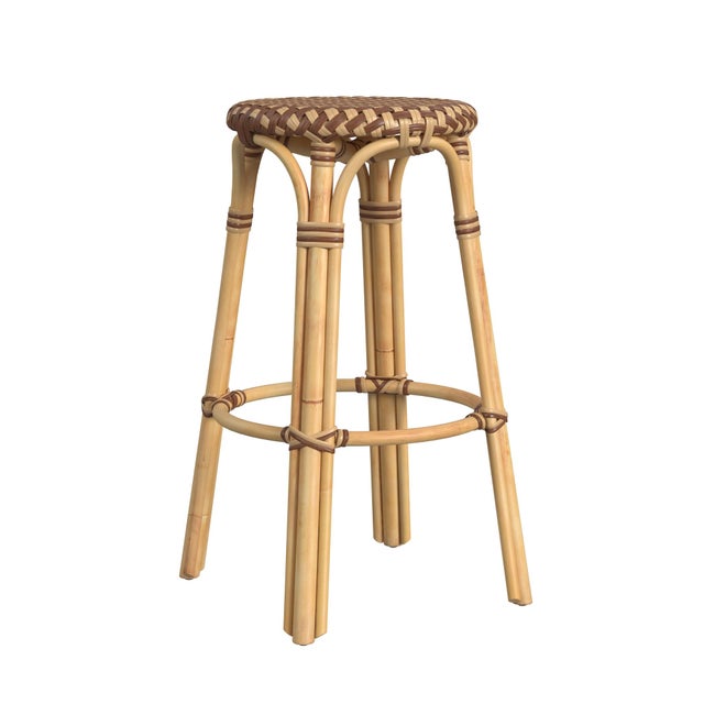 Tobias 30 in. Seat Height Round Rattan Backless Bar Stool, Brown/Tan Dot / Natural Rattan Frame For Sale In Chicago - Image 6 of 8