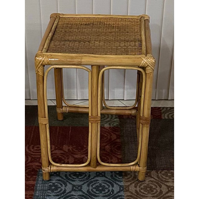 Mid-Century Modern 1960s Rectangular, Vintage Bamboo End/Side Table, Mid Century Modern, Lightweight, Natural Materials, Hand Crafted, Woven Wicker Top For Sale - Image 3 of 8