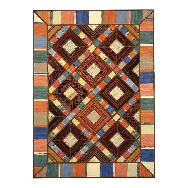 Turkish Retro Kilim Flatweave Wool 5x7 Brown, Blue, Green & Orange Handmade Area Rug #1142020 For Sale