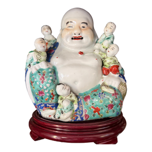 Early 20th Century Chinese Porcelain Laughing Buddha With 5 Children
