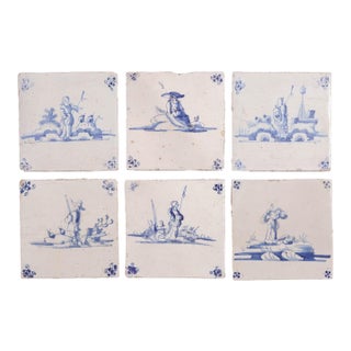 Set of 6 Delft Cobalt Blue Figural Faience Tiles, C. 1650 For Sale