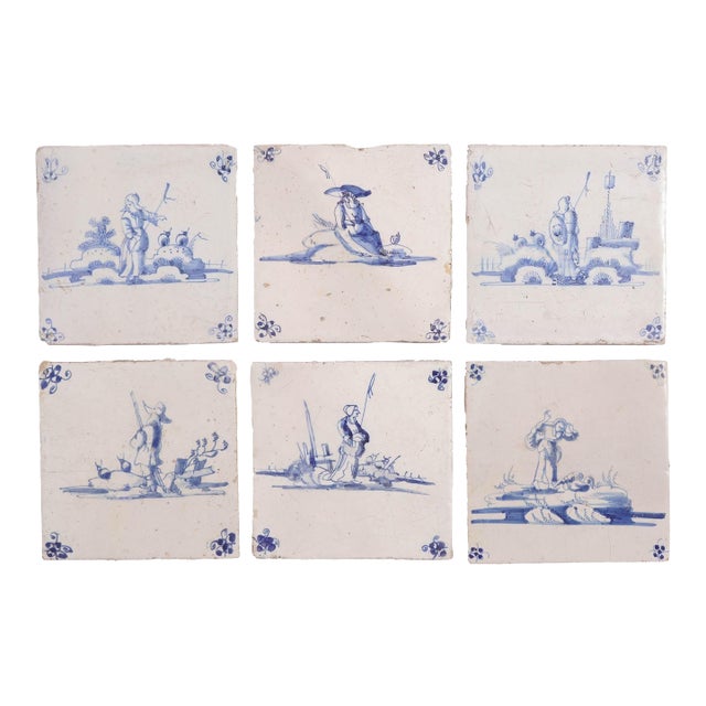 Set of 6 Delft Cobalt Blue Figural Faience Tiles, C. 1650 For Sale