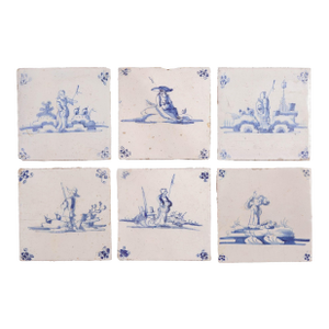 Set of 6 Delft Cobalt Blue Figural Faience Tiles, C. 1650