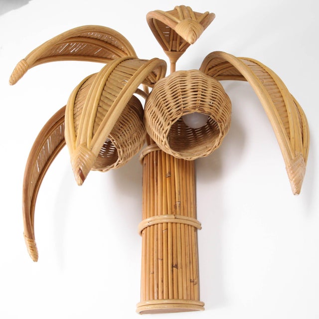 Wood Palm Rattan Wall Sconces, Set of 2 For Sale - Image 7 of 14