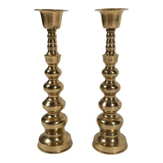 Extra Grand Brass Bulb Candlestick Holders, a Pair For Sale