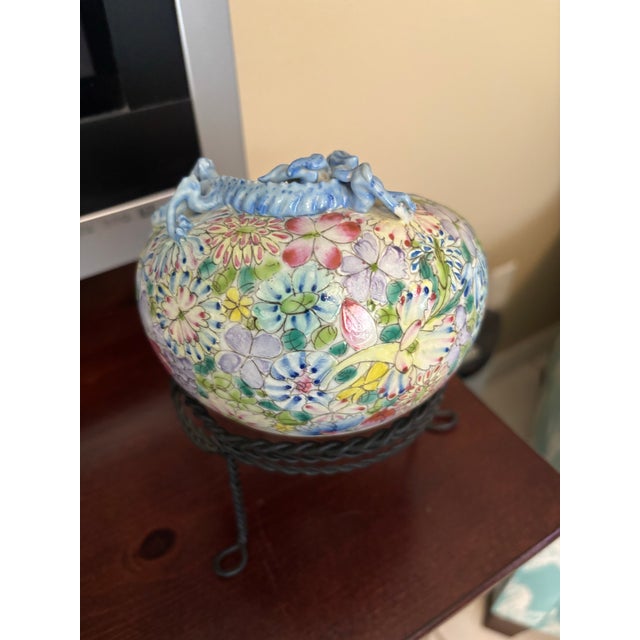 Vintage Chinese Porcelain Dragon Bowl Famille Rose Floral Jardiniere For Sale - Image 6 of 9