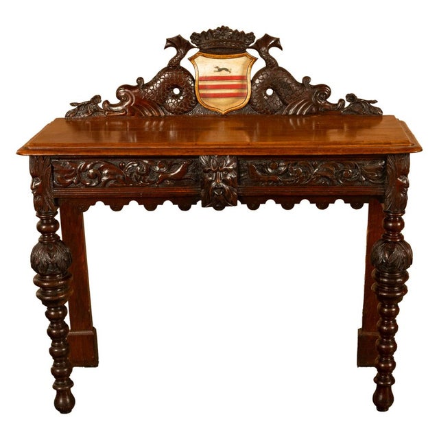 Wood Antique Carved Oak Hall Table Skipworth Family Painted Royal Coat of Arms 1860 For Sale - Image 7 of 18