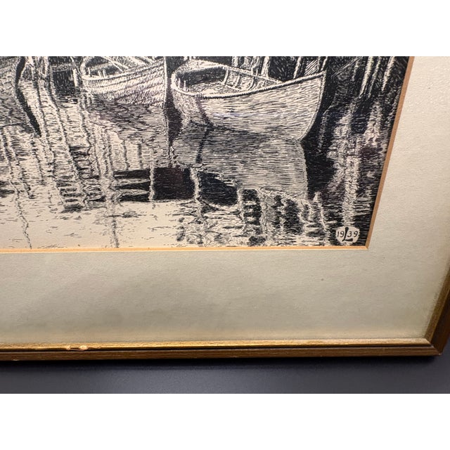 1930s Original 1939 Leo Meissner Signed Pen & Ink Harbor Scene, Framed Nautical Drawing For Sale - Image 5 of 6