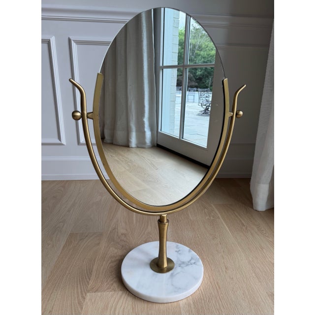 Charles Hollis Jones Vintage XL Brass & Carrara Marble Double-Sided Vanity Mirror Attributed to Charles Hollis Jones For Sale - Image 4 of 8