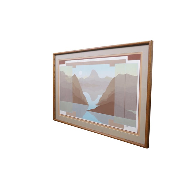 Vintage Southwestern horizon landscape serigraph print featuring a layered, earthy mountain ridge sunset reflecting on a...