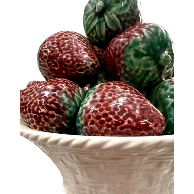 Vintage Full Size Strawberry / Strawberries Topiary Majolica / Ceramic / Trompe l'Oeil Centerpiece in Lattice / Basket-Woven Pedestal Pot For Sale In Dallas - Image 6 of 7